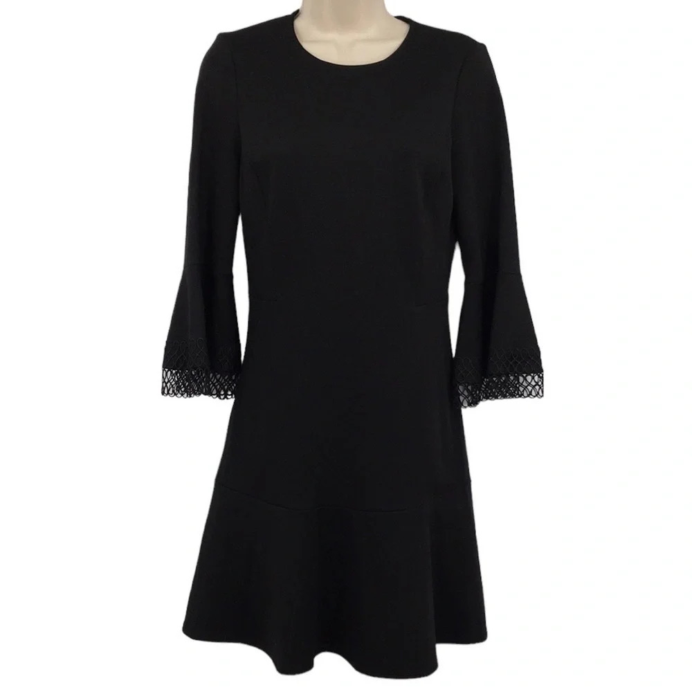 Le Gali Dress Womens XS Black Laura Lace-trimmed Flounce Bell Sleeve